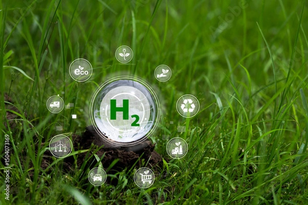Obraz Green Hydrogen Symbol Representation on Grass with Eco Icons