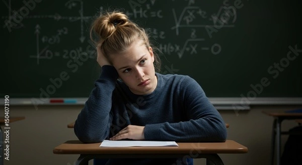 Fototapeta Bored Student in Classroom with Blackboard