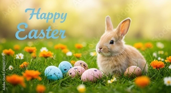 Fototapeta  Adorable Baby Rabbit in a Grassy Field with Decorated Easter Eggs and "Happy Easter" Text, Evoking Springtime Joy