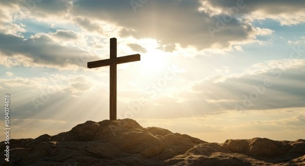 Fototapeta A Silhouette of a Christian Cross on a Rocky Hilltop Against a Dramatic Sky with Sunrays and Clouds