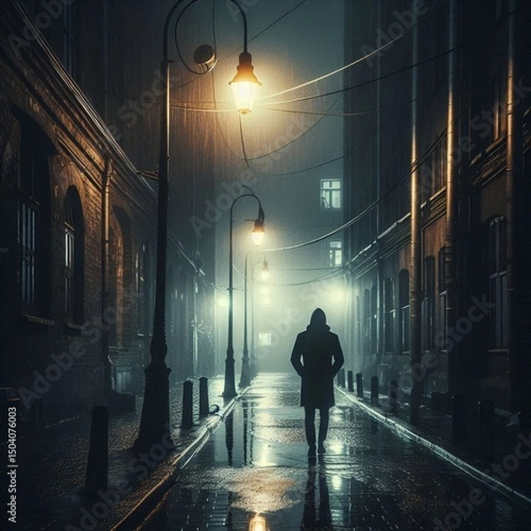 Obraz Moody Cinematic Scene of Man in Rain with Wet Pavement Reflections