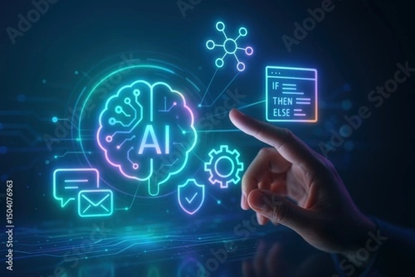 Fototapeta Finger Interacting with Glowing AI Brain Interface and Digital Symbols on Futuristic Tech Background