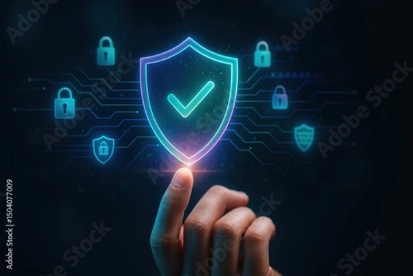 Fototapeta Finger Pressing Glowing Security Shield Surrounded by Lock Icons on Futuristic Digital Interface