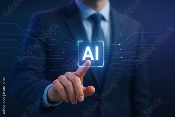 Fototapeta Futuristic Businessman Pressing Holographic AI Icon on Digital Interface with Glowing Circuit Elements