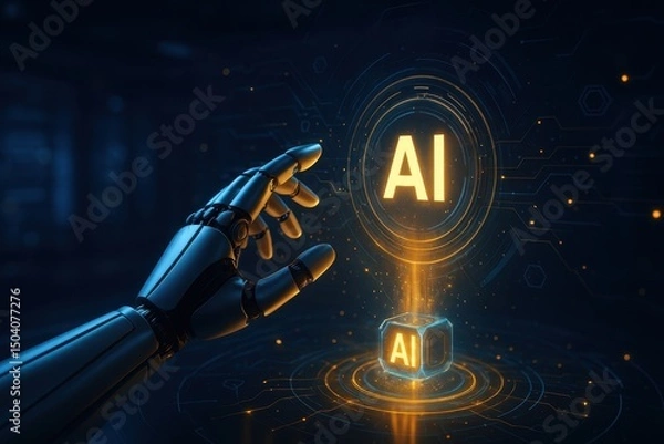Obraz Robotic hand reaching out to floating AI interface with glowing circuits and high-tech atmosphere