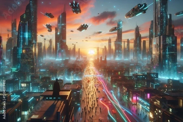 Obraz Hyper-Realistic Sci-Fi Metropolis with Glowing Streets and Sci-Fi Citizens