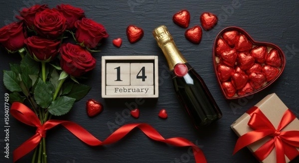 Fototapeta Romantic Valentine's Day Arrangement with Red Roses, Champagne, Chocolates, and a February 14th Calendar