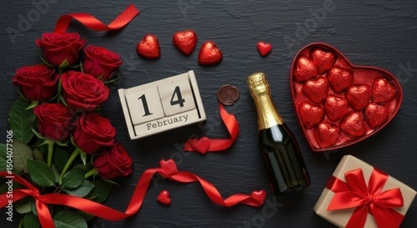 Fototapeta Romantic Valentine's Day Arrangement with Red Roses, Champagne, Chocolates, and a February 14th Calendar