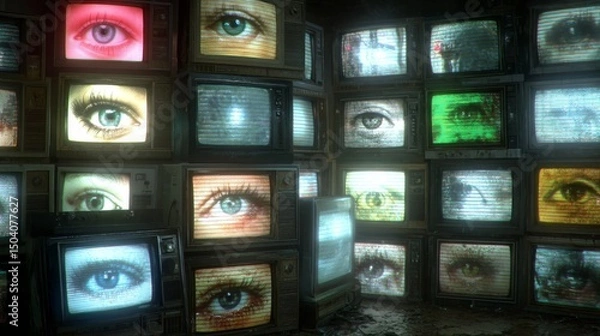 Obraz Surreal wall of vintage TVs displaying human eyes in a dark room setting.