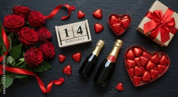 Fototapeta Romantic Valentine's Day Arrangement with Red Roses, Champagne, Chocolates, and a February 14th Calendar