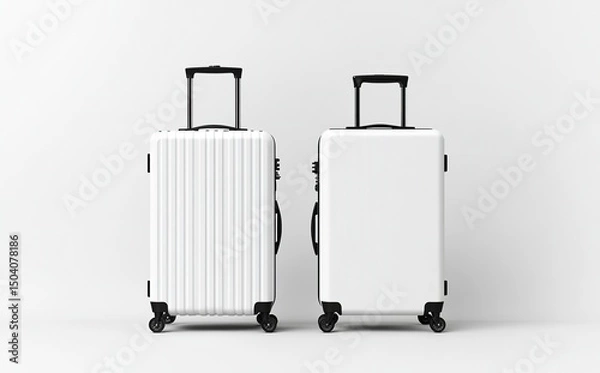 Fototapeta White blank suitcase luggage mockup set, isolated on a white background. Minimalist design with two plastic suitcases standing side by side. High-resolution product photo. 