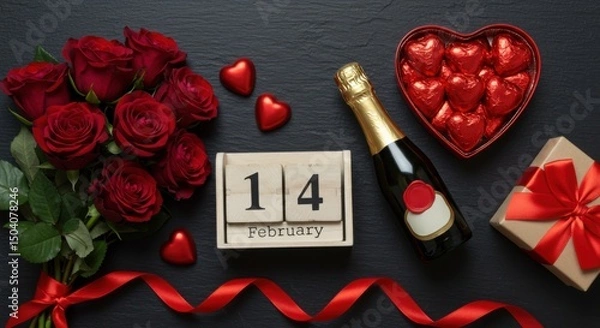 Fototapeta Romantic Valentine's Day Arrangement with Red Roses, Champagne, Chocolates, and a February 14th Calendar