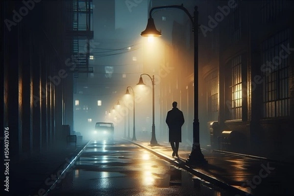 Obraz Lone Man Walking Through Foggy Urban Alley Under Rainy Streetlight