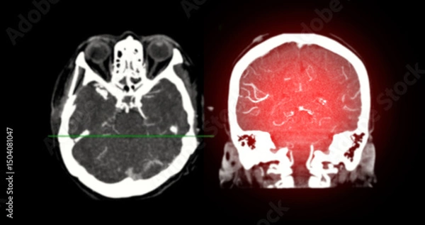 Fototapeta CTA Brain Vascular Imaging , highlights a detailed 3D CTA scan of the brain’s vascular network, showing clear visualization of arteries and blood flow for diagnostic purposes.