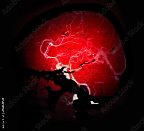 Fototapeta CTA Brain Vascular Imaging , A stunning representation of the brain’s vascular system, illuminated in red, offering a glimpse into the vital circulatory pathways.