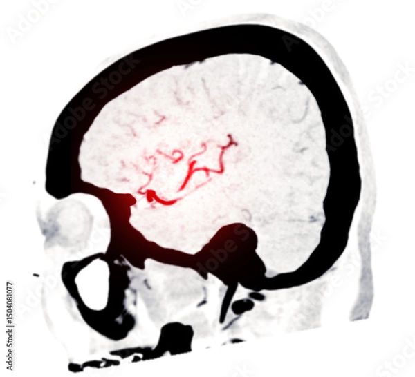 Fototapeta CTA Brain Vascular Imaging , highlights a detailed 3D CTA scan of the brain’s vascular network, showing clear visualization of arteries and blood flow for diagnostic purposes.