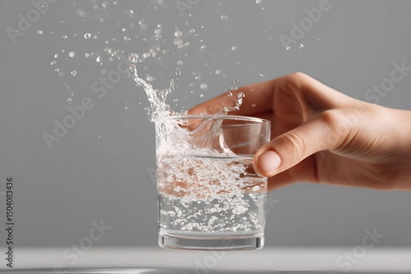 Fototapeta Close-up of hand pouring water into a glass with water drops and splash, layout with copy space