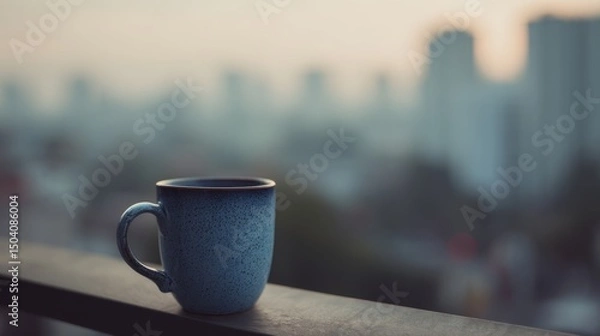 Obraz An isolated mug on a balcony contrasts against a blurred city skyline, evoking peace amid urban hustle and bustle.