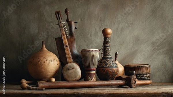 Obraz Authentic African Musical Instruments on Rustic Table