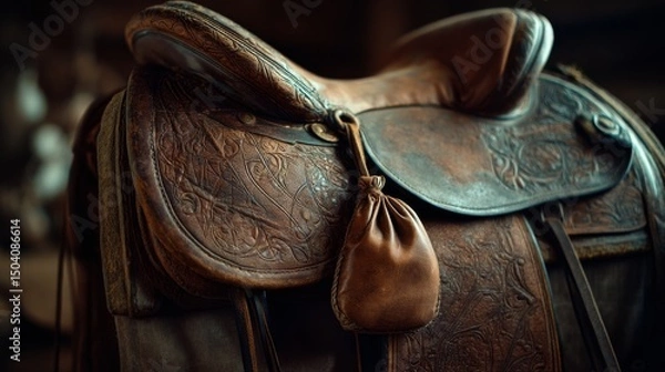 Obraz An intricately embossed leather horse saddle shines with rich textures and craftsmanship in a dimly lit room, evoking a sense of timeless elegance.