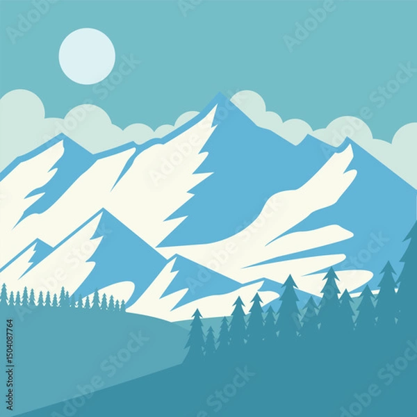 Obraz snow mountain landscaped vector illustration template graphic design . forest river and nature at winter view sign or symbol for adventure and wanderlust travel business