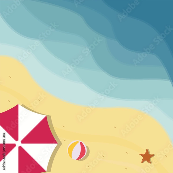 Obraz beach or island  landscaped vector illustration template graphic design . sea and nature with umbrella and beach ball starfish view sign or symbol for adventure and wanderlust travel business