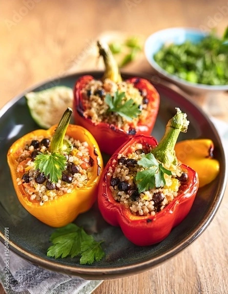 Obraz Colorful bell peppers stuffed with quinoa, black beans, and vegetables, creating a vibrant and healthy meal