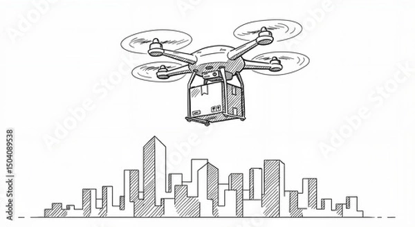 Obraz Delivery drone flying above city skyline in sketch style  