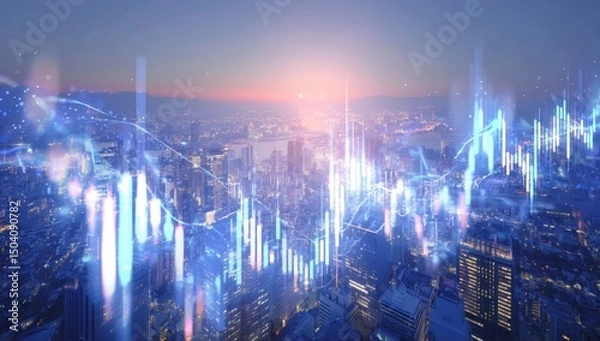 Fototapeta Night Cityscape with Overlay of Dynamic Financial Stock Market Charts and Graphs