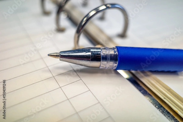 Fototapeta Blue pen on a Opened notebook, writing tool. Close-up and copy space