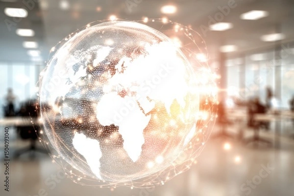 Fototapeta Global Network Connection Illuminated Earth Globe in Modern Office Setting