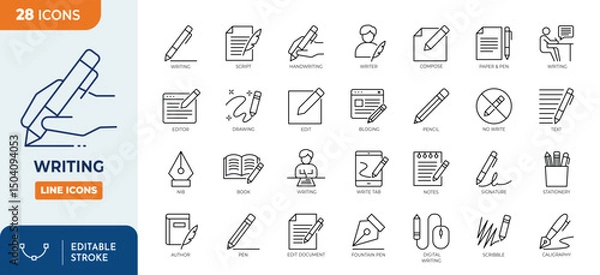 Obraz Writing line editable icon set. Containing write, pen,  note, pencil, edit, writer, document, text and more. Editable Stroke. Vector illustration.