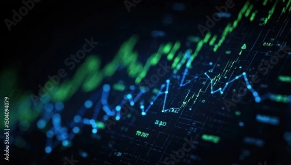 Fototapeta Abstract Blue and Green Stock Market Data Visualization on Dark Background