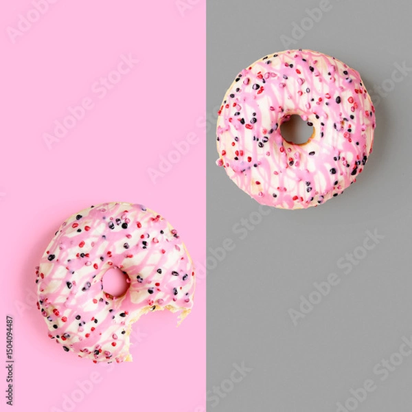 Obraz Donut photography abstract poster on grey and pink background.