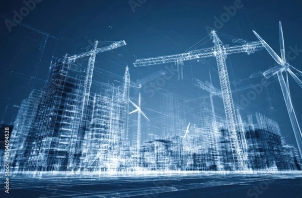 Fototapeta Wireframe Cityscape Construction Cranes and Wind Turbines in a Futuristic Digital Architectural Design