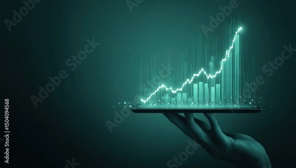 Fototapeta Teal Hand Holding Tablet Displaying Upward Trending Financial Graph, Data Visualization, Growth Concept