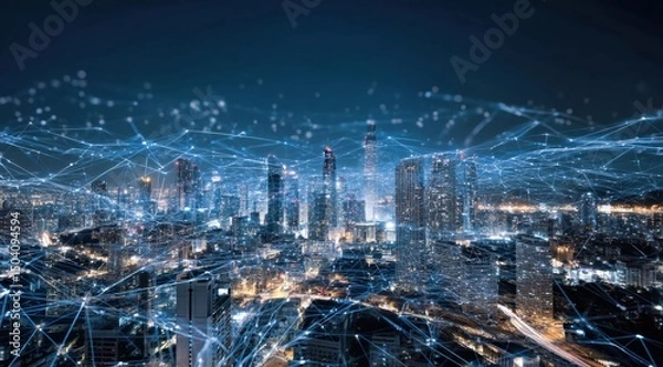 Fototapeta Night Cityscape with Network Connections and Illuminated Buildings