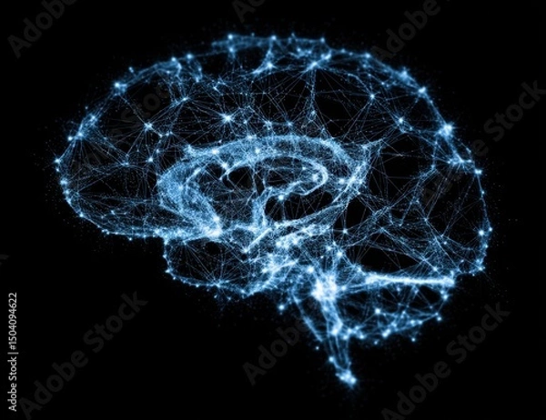 Fototapeta Abstract Blue Brain Neural Network, Glowing Connections, Digital Brain Structure