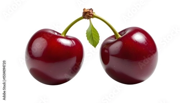 Obraz Two sweet red cherries with green stems, ripe and juicy, isolated on a white background