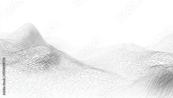 Fototapeta Abstract 3D Wireframe Landscape Wavy Grid Mesh Topography, Monochrome Digital Rendering