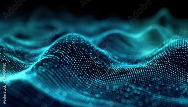 Fototapeta Abstract Teal Digital Wave Background, Glowing Particles, Futuristic Technology Design