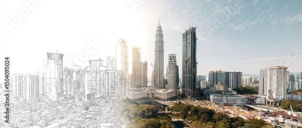Fototapeta Kuala Lumpur Skyline A Blend of Architectural Sketch and Modern Cityscape