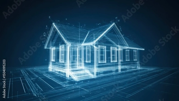 Fototapeta Architectural House Blueprint Design Wireframe Model of a Modern Home on a Dark Blue Background