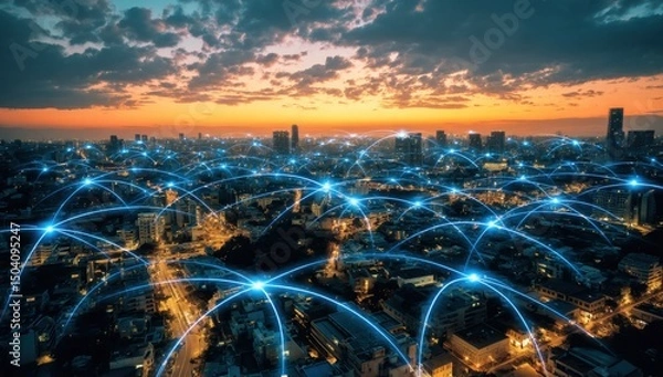 Fototapeta Aerial View of Cityscape at Sunset with Network Connections