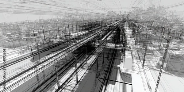 Fototapeta Abstract Cityscape Railway Sketch Monochrome Wireframe Rendering of Urban Infrastructure and Transportation Network