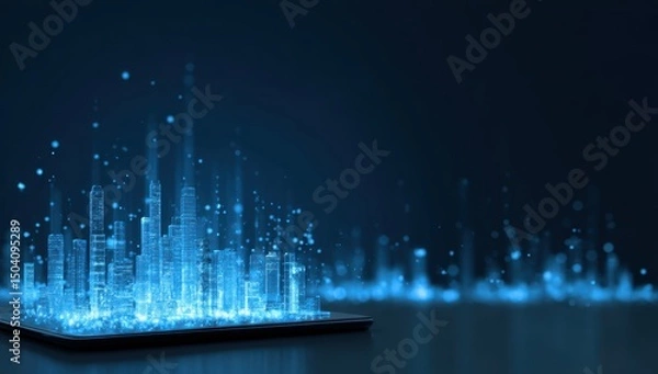 Fototapeta Futuristic Cityscape Hologram on Tablet Digital City, Smart Technology, and Urban Development Concept