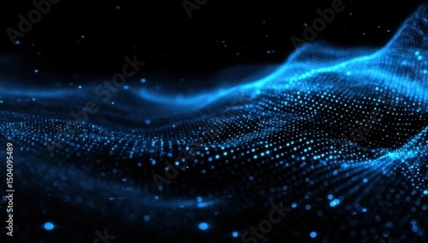 Fototapeta Abstract Blue Particle Wave Background, Digital Technology, Dark Blue Glowing Dots
