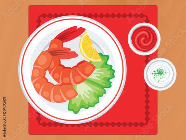Fototapeta Cooked shrimps with salad and lemon on a plate top view vector illustration. Seafood on a wooden table above view vector. Prawn with red and cream dipping sauce on the table drawing