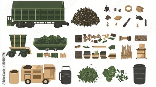 Fototapeta flat vector icon set of organic waste energy conversion process, including food scraps, compost bin, biogas digester, electricity, green energy theme