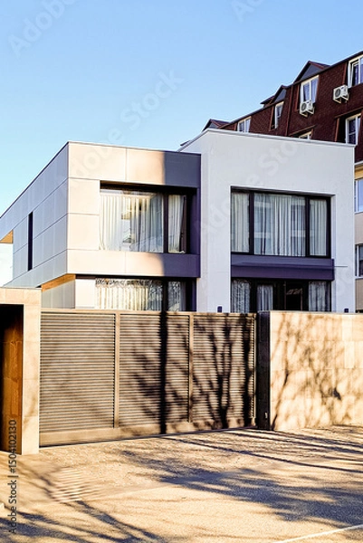 Fototapeta Fragment of beautiful modern house of white color of cubic shapes. Vertical photo.